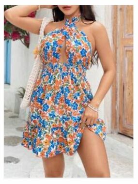 SHEIN Blue & Orange Floral Halter Mini Dress